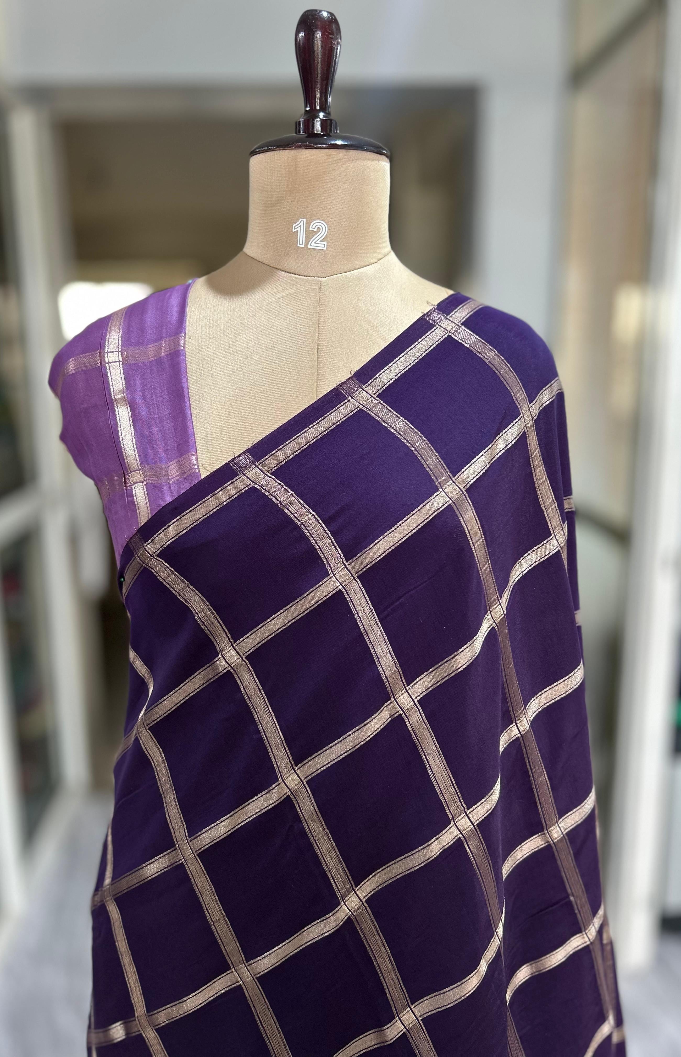 Purple soft tussar crepe checks saree