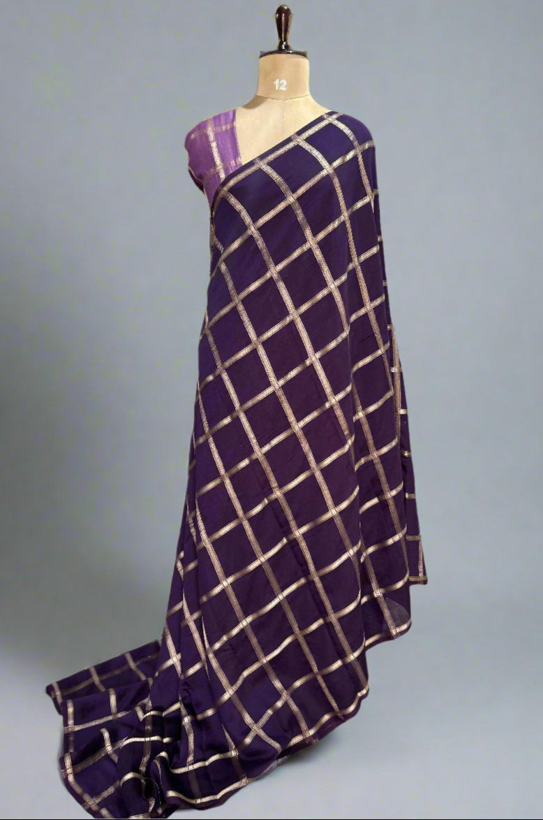 Purple soft tussar crepe checks saree