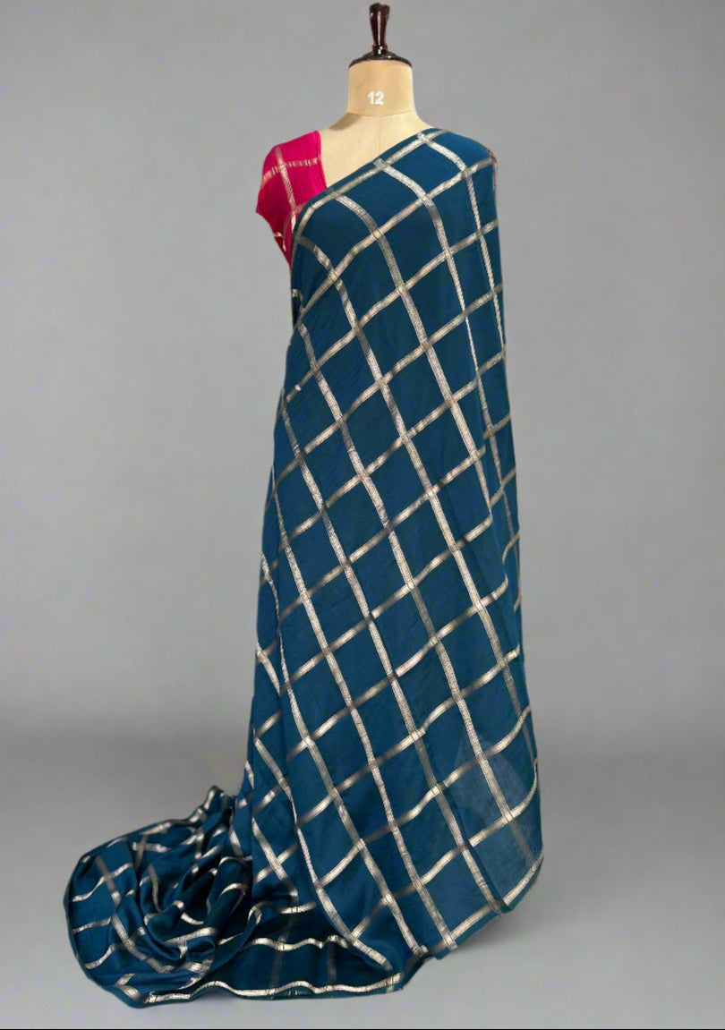 Peacock blue soft tussar crepe checks saree