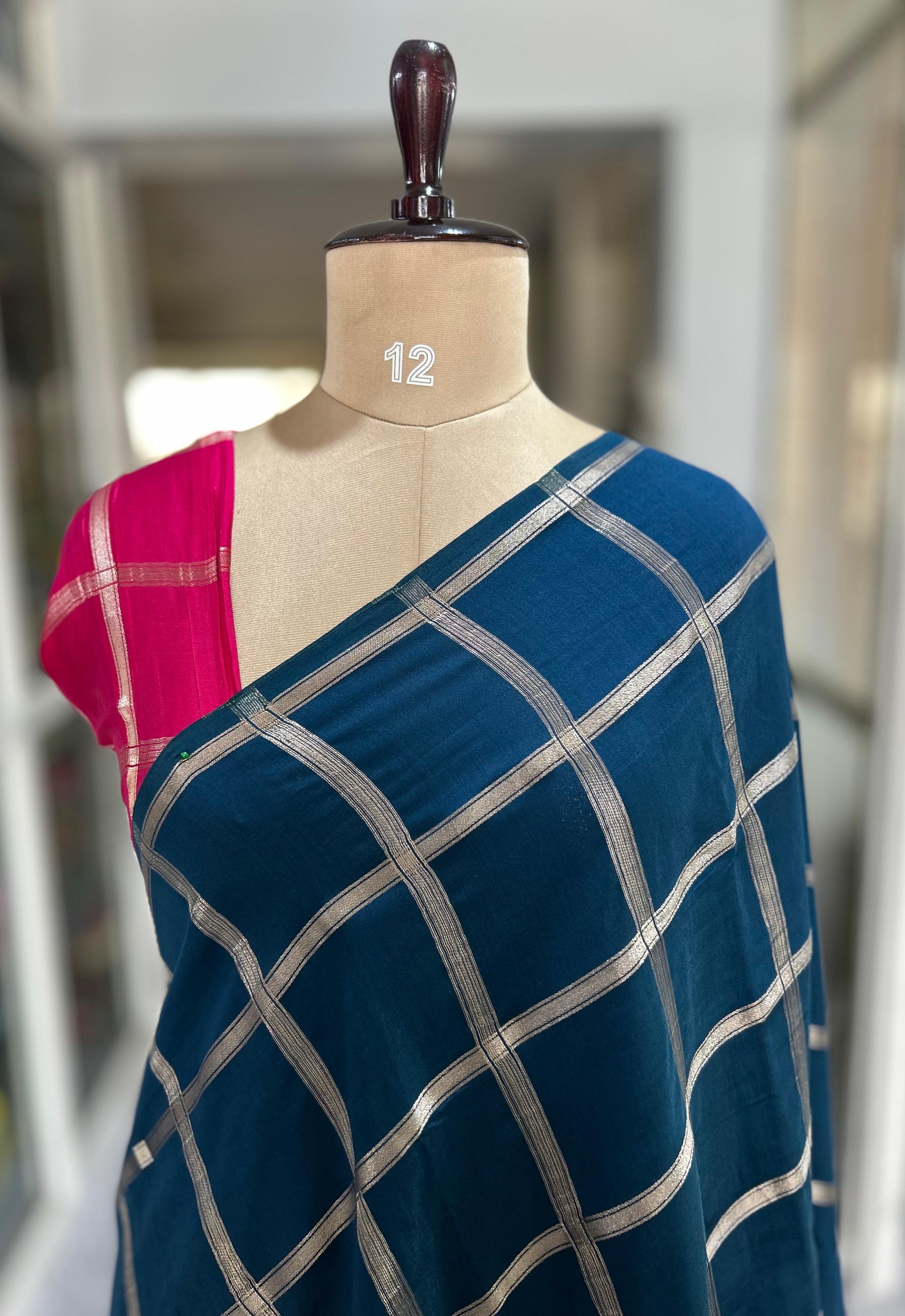 Peacock blue soft tussar crepe checks saree