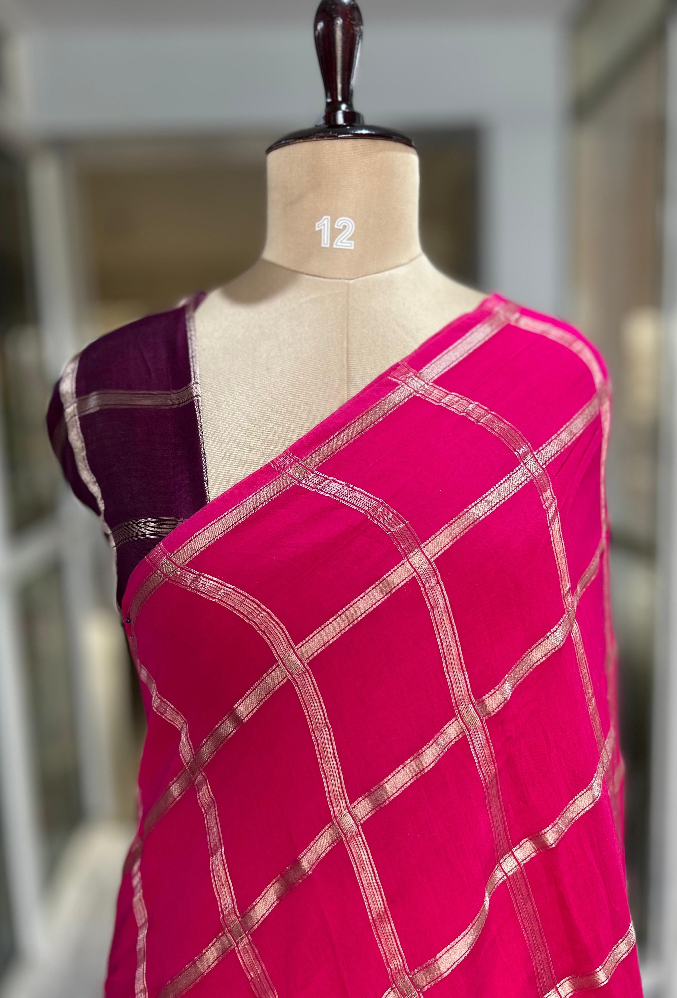 Pink soft tussar crepe checks saree