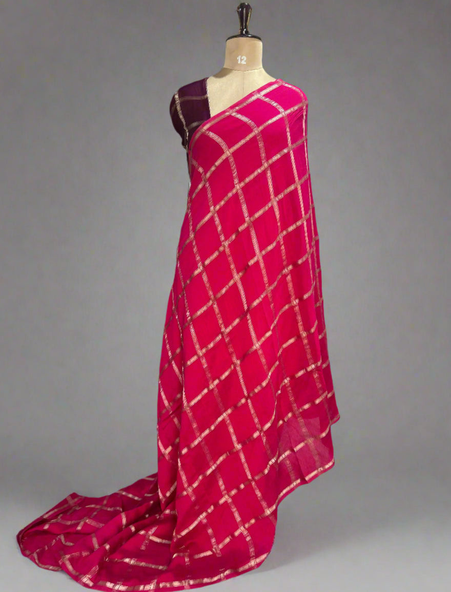 Pink soft tussar crepe checks saree