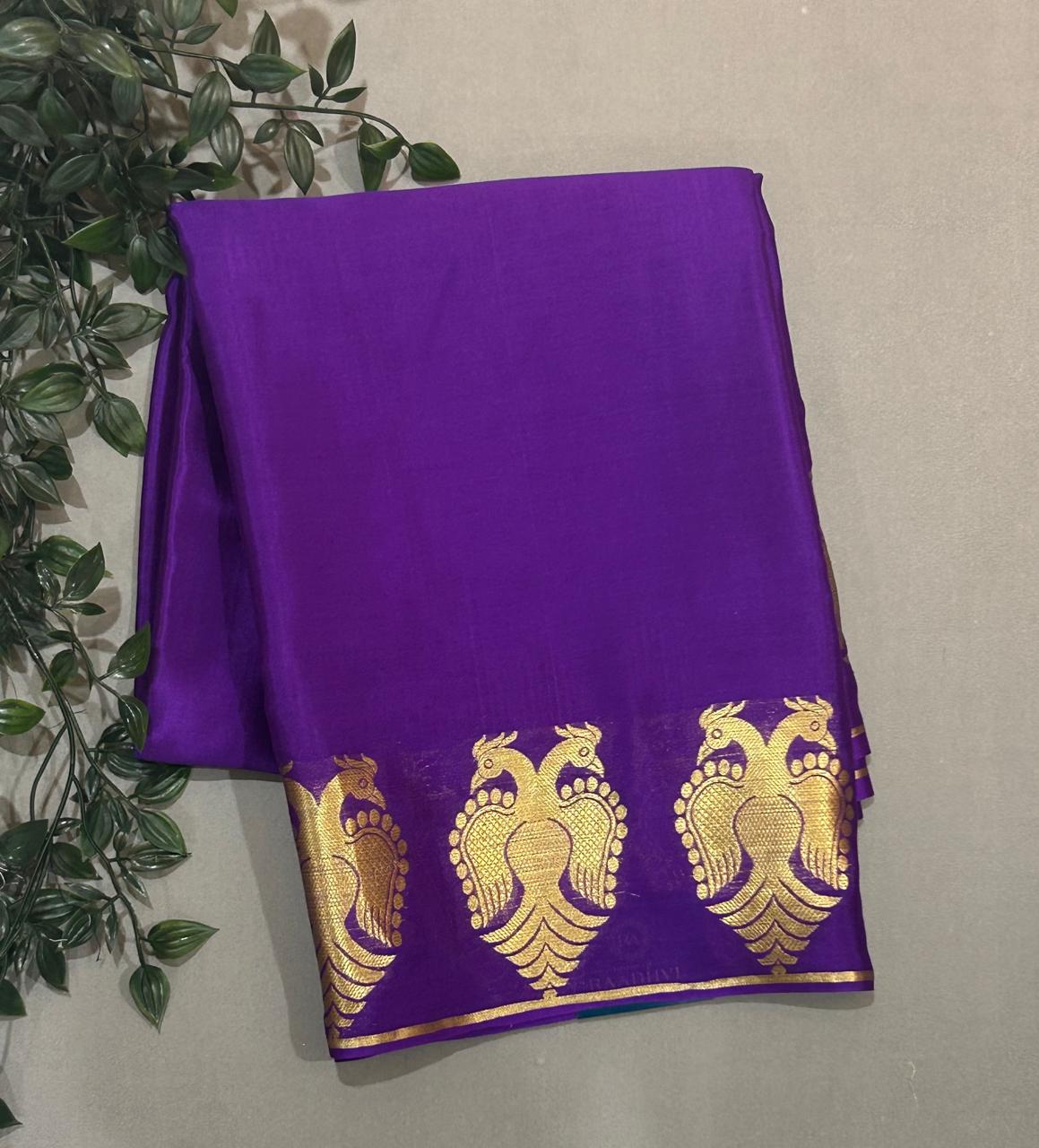 Purple gandaberunda border-07 pure mysore crepe silk saree
