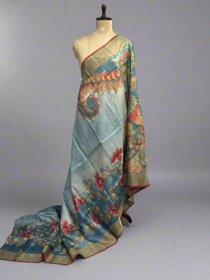 Hand painted pure Tussar silk saree