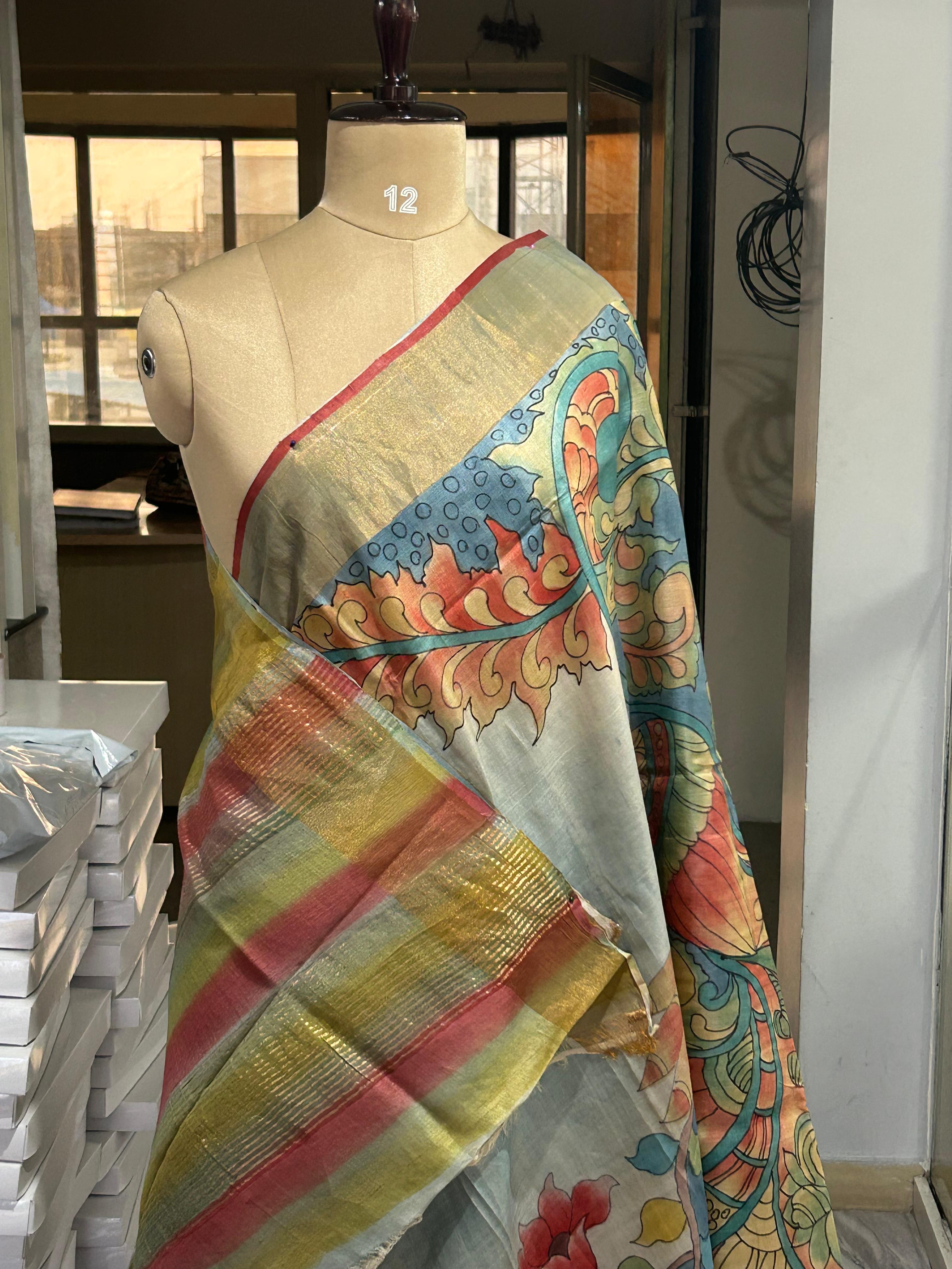 Hand painted pure Tussar silk saree