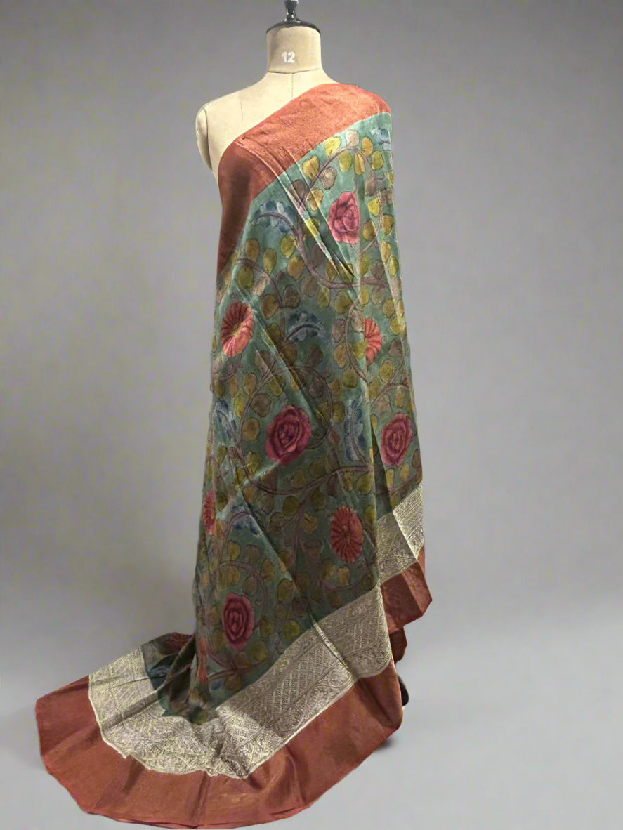 Hand painted pure Tussar silk saree