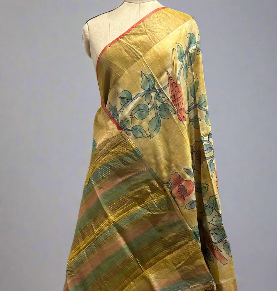 Hand painted pure Tussar silk saree