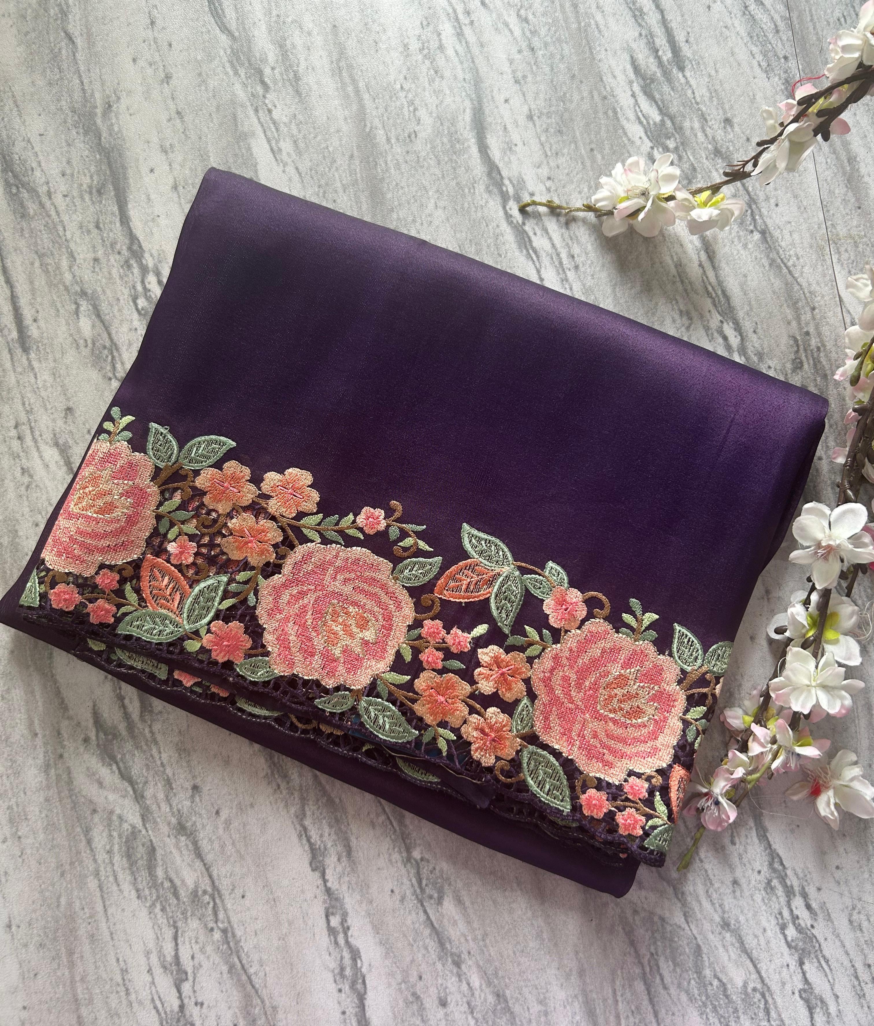 Purple Tussar tissue cut work saree