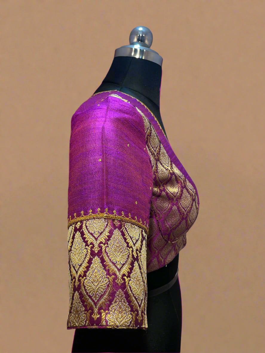 Purple raw silk and benaras brocade work blouse