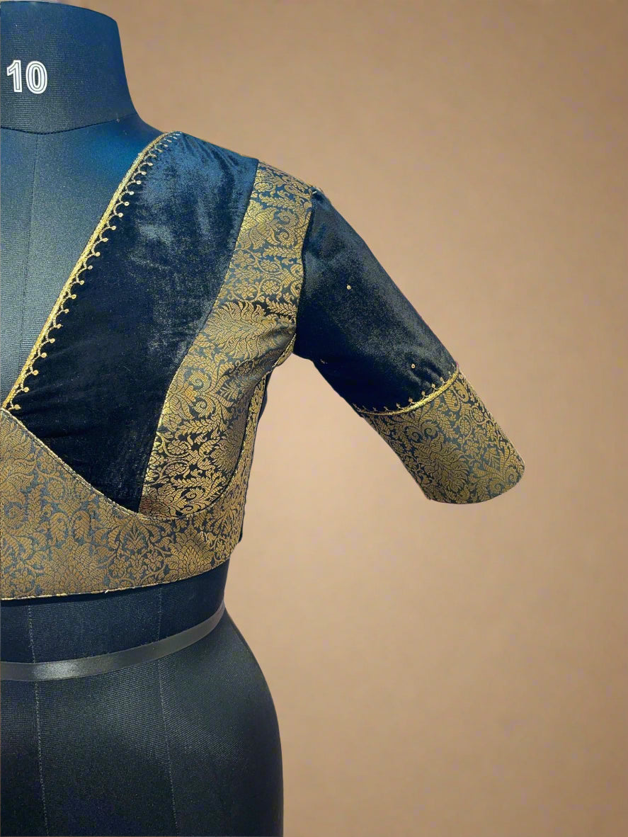 Black velvet and benaras brocade work blouse