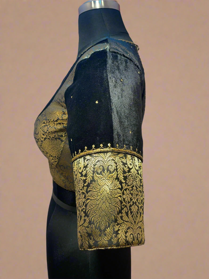 Black velvet and benaras brocade work blouse