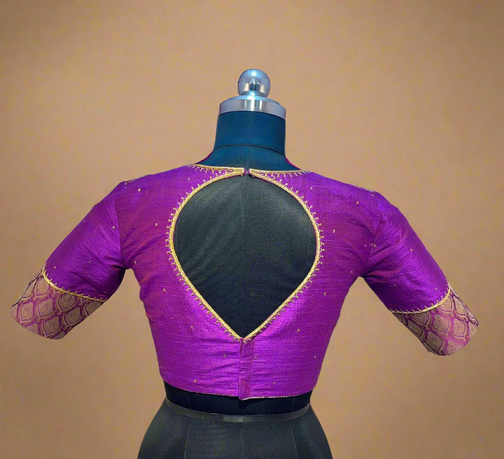 Purple raw silk and benaras brocade work blouse