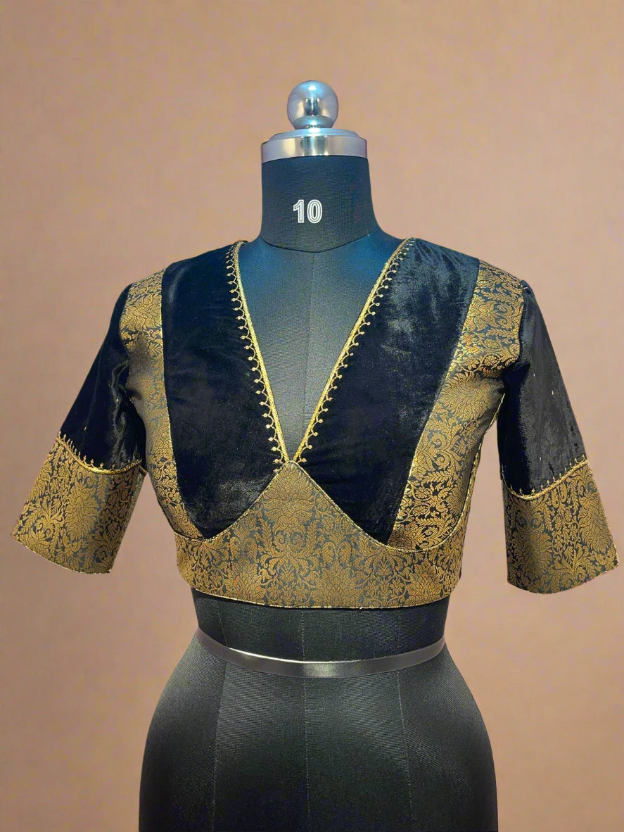 Black velvet and benaras brocade work blouse