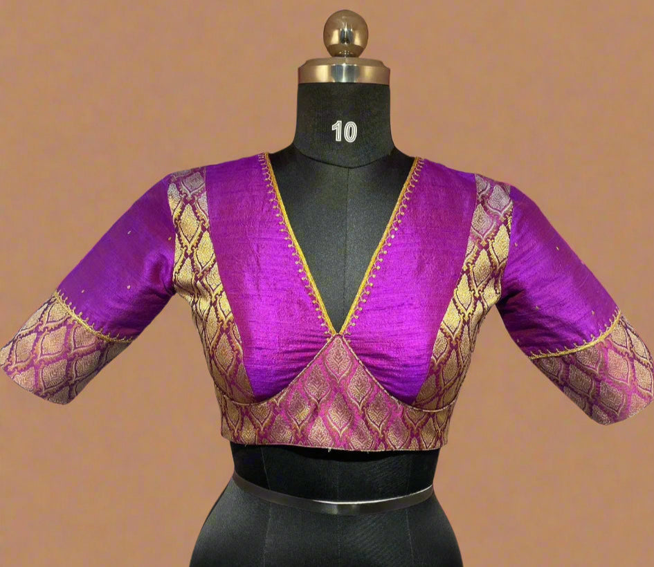 Purple raw silk and benaras brocade work blouse