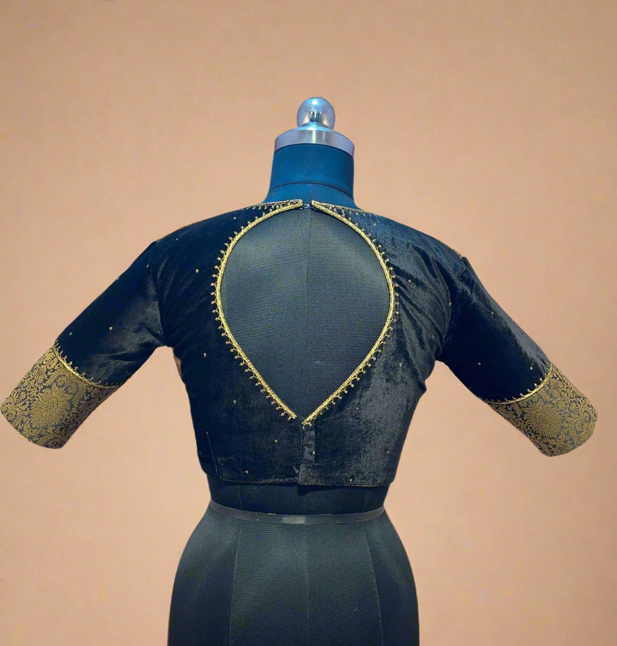 Black velvet and benaras brocade work blouse