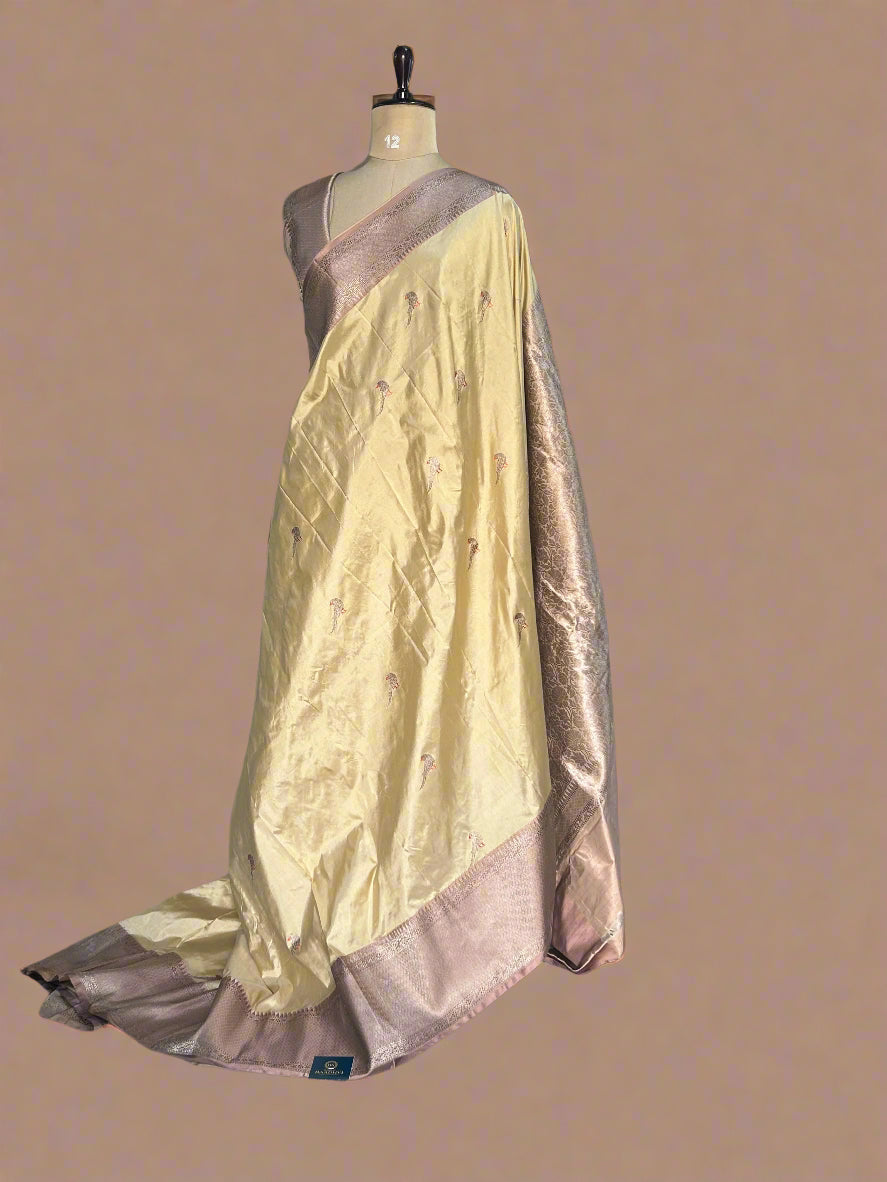 Cream small butta pure katan silk saree