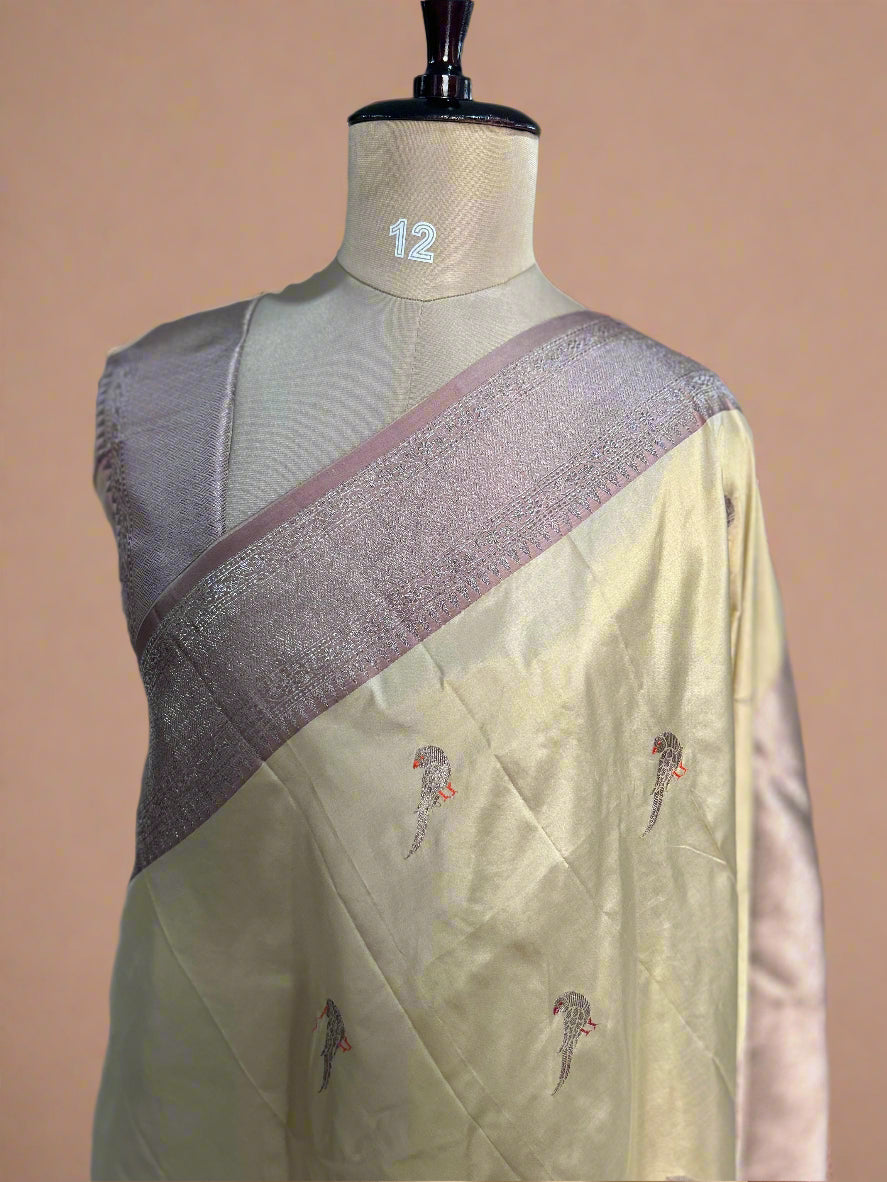 Cream small butta pure katan silk saree