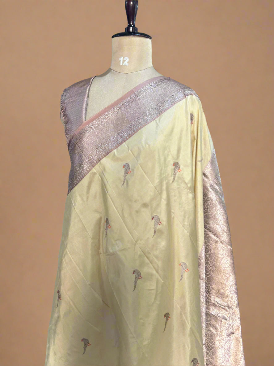 Cream small butta pure katan silk saree