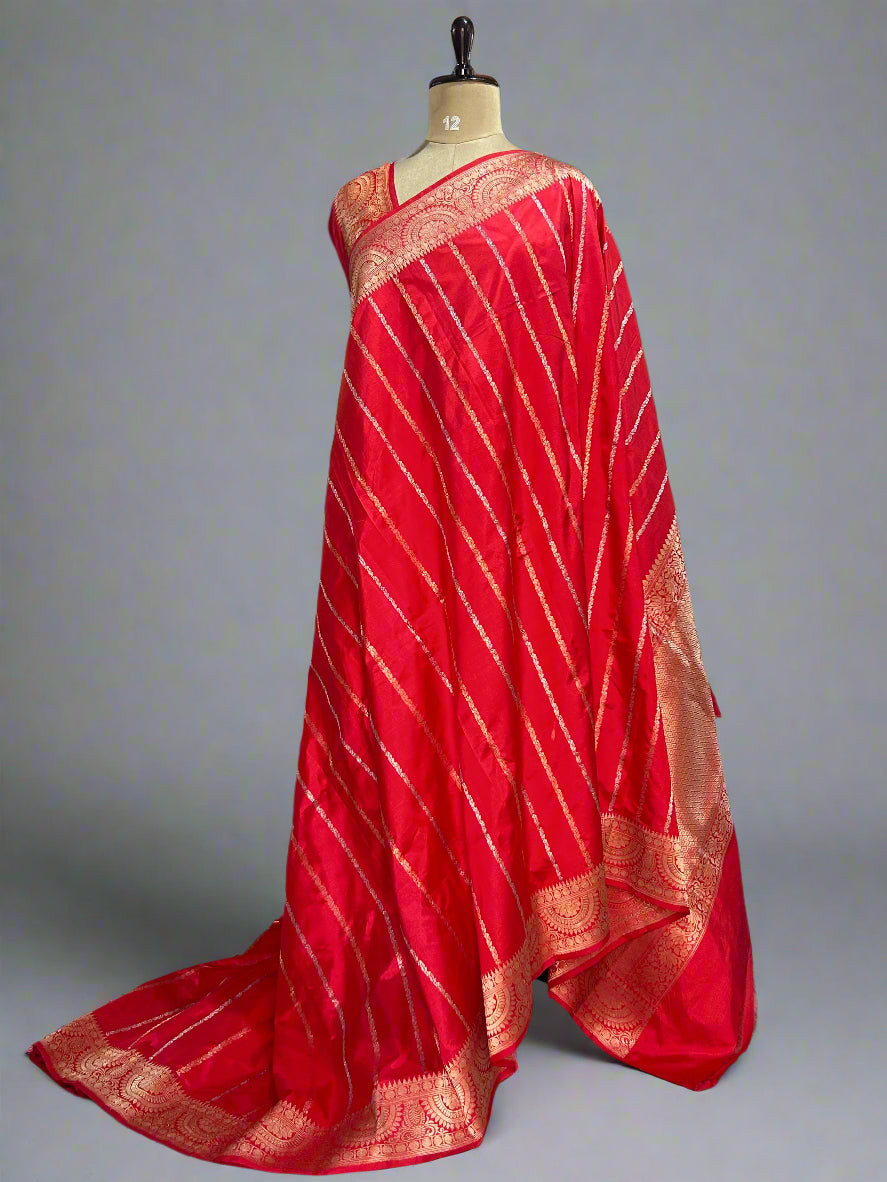 Red stripes design pure katan silk saree