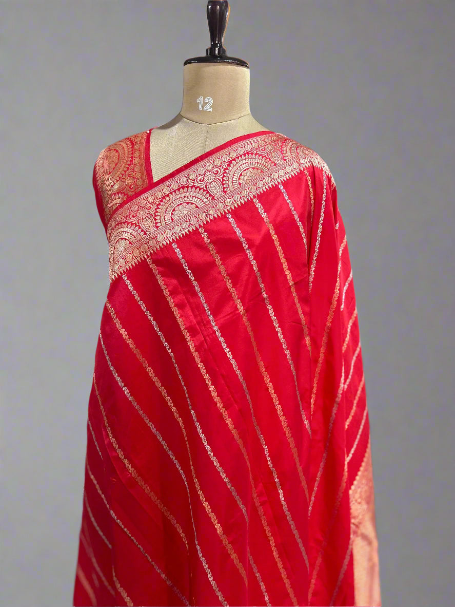 Red stripes design pure katan silk saree