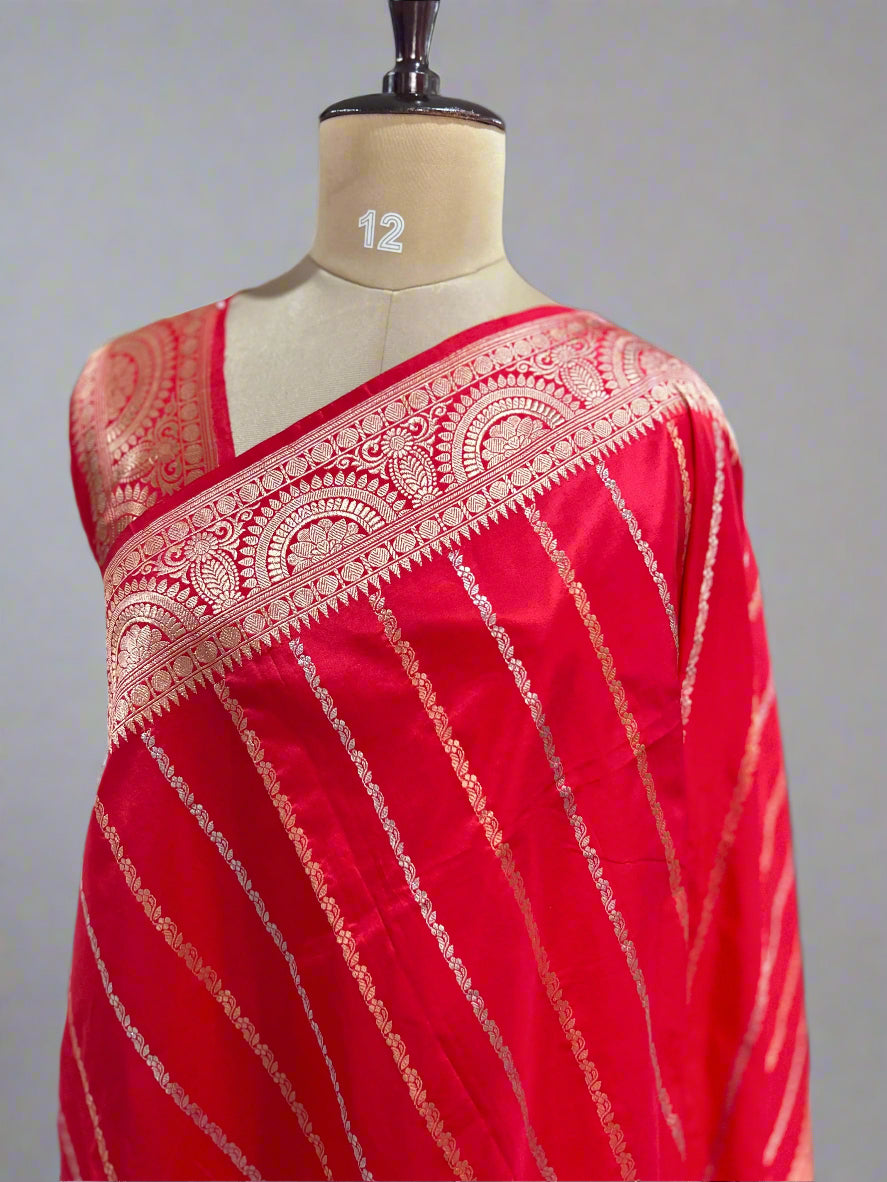 Red stripes design pure katan silk saree