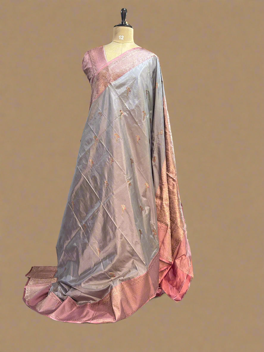 Light grey n light pink small butta pure katan silk saree