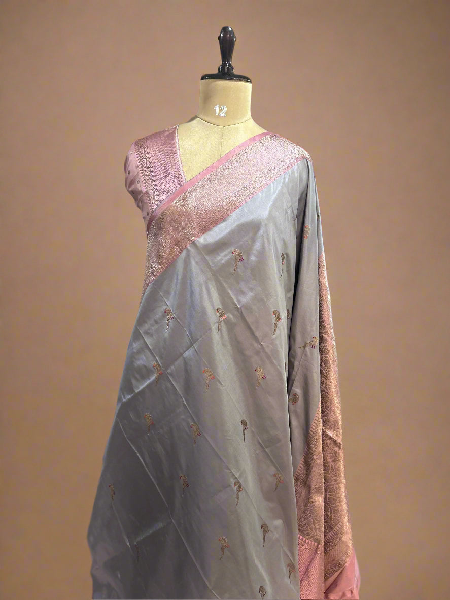 Light grey n light pink small butta pure katan silk saree