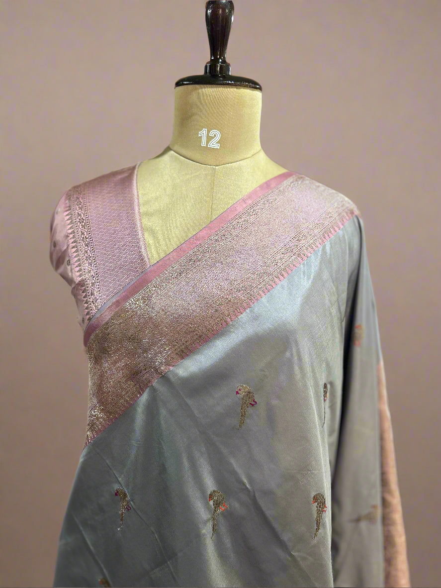 Light grey n light pink small butta pure katan silk saree