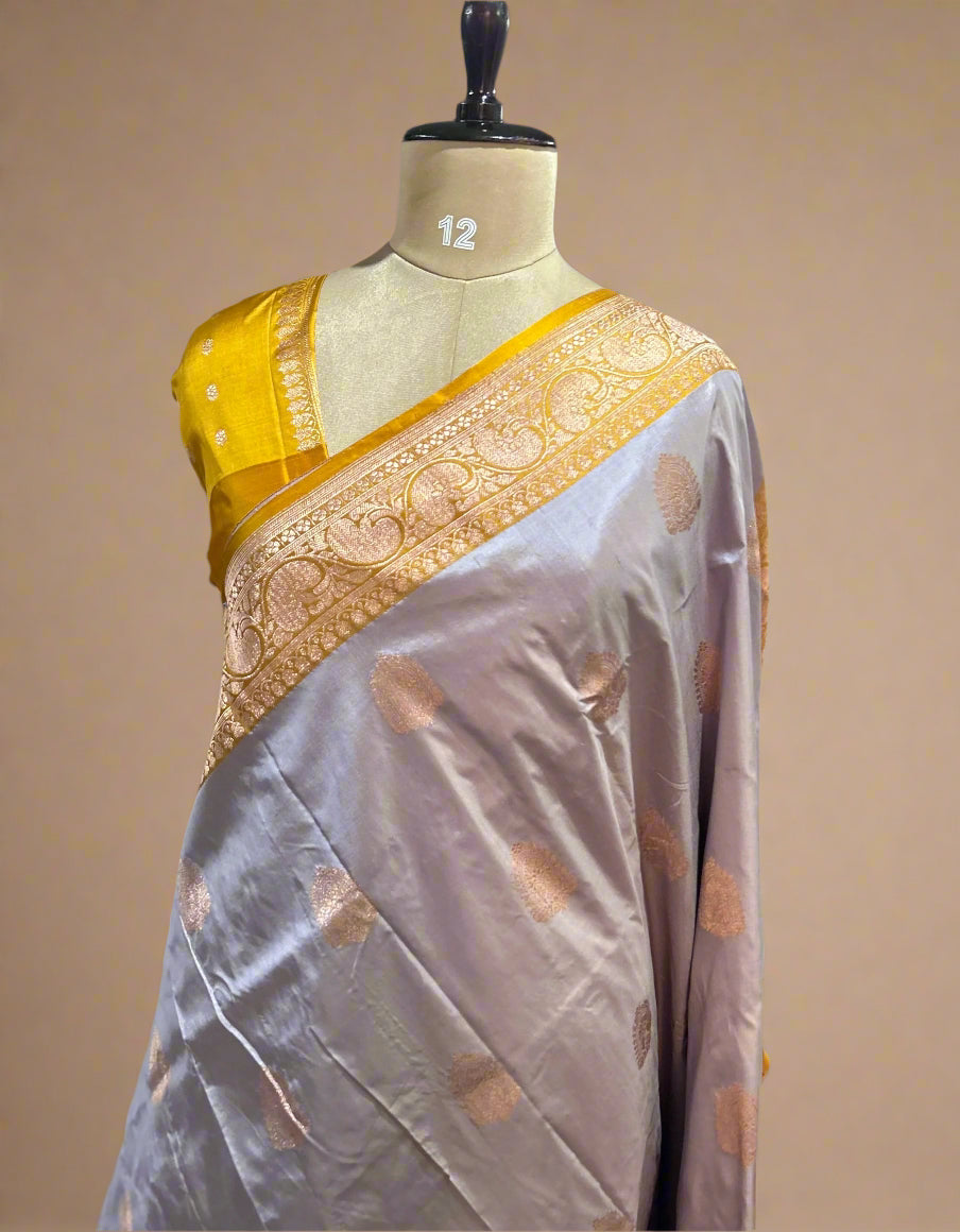 Light grey n yellow small butta pure katan silk saree