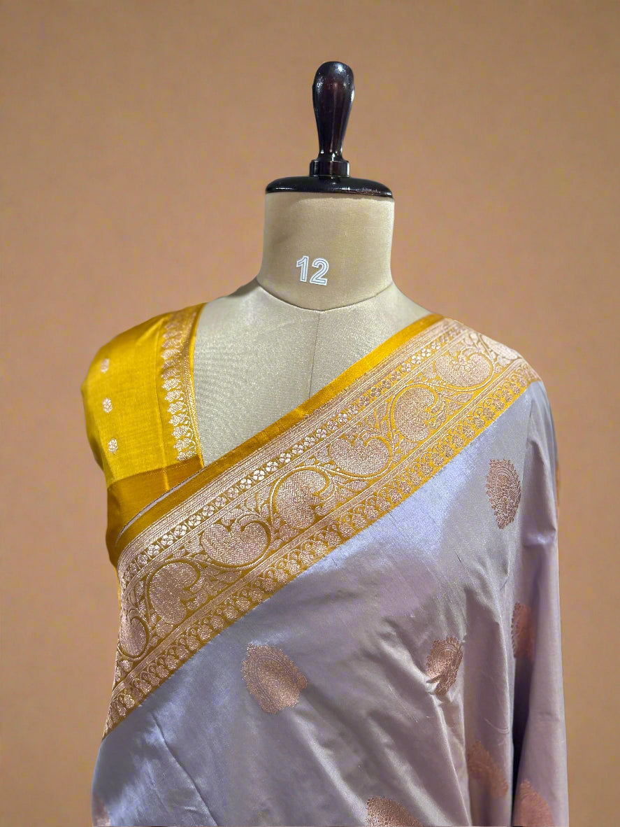Light grey n yellow small butta pure katan silk saree