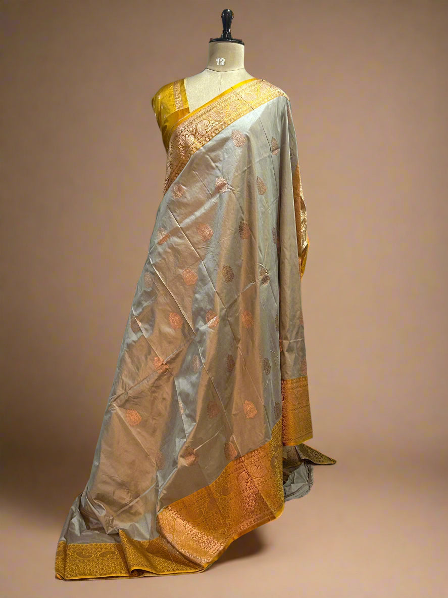 Light grey n yellow small butta pure katan silk saree