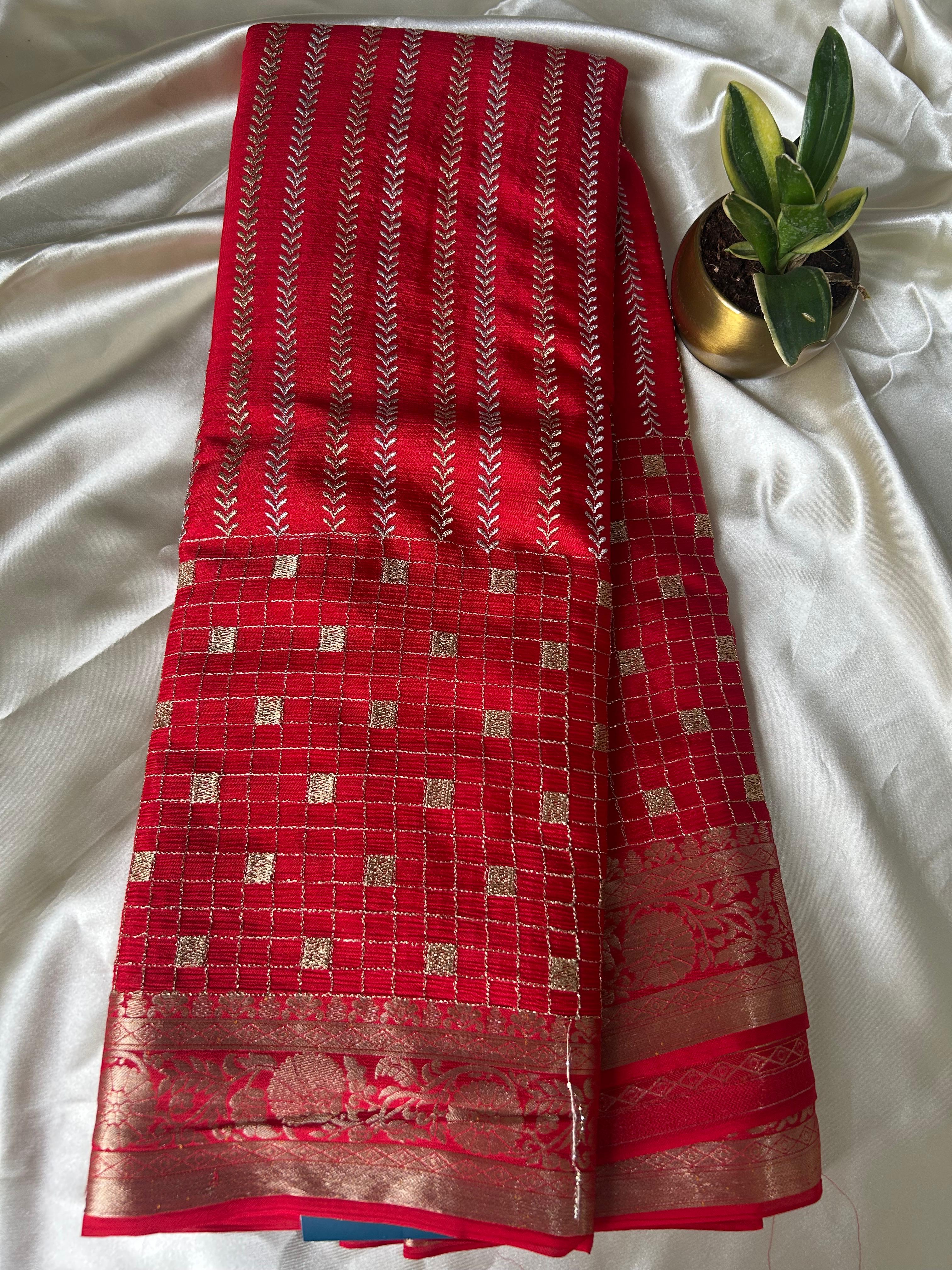 Red small checks chinnon 07 saree