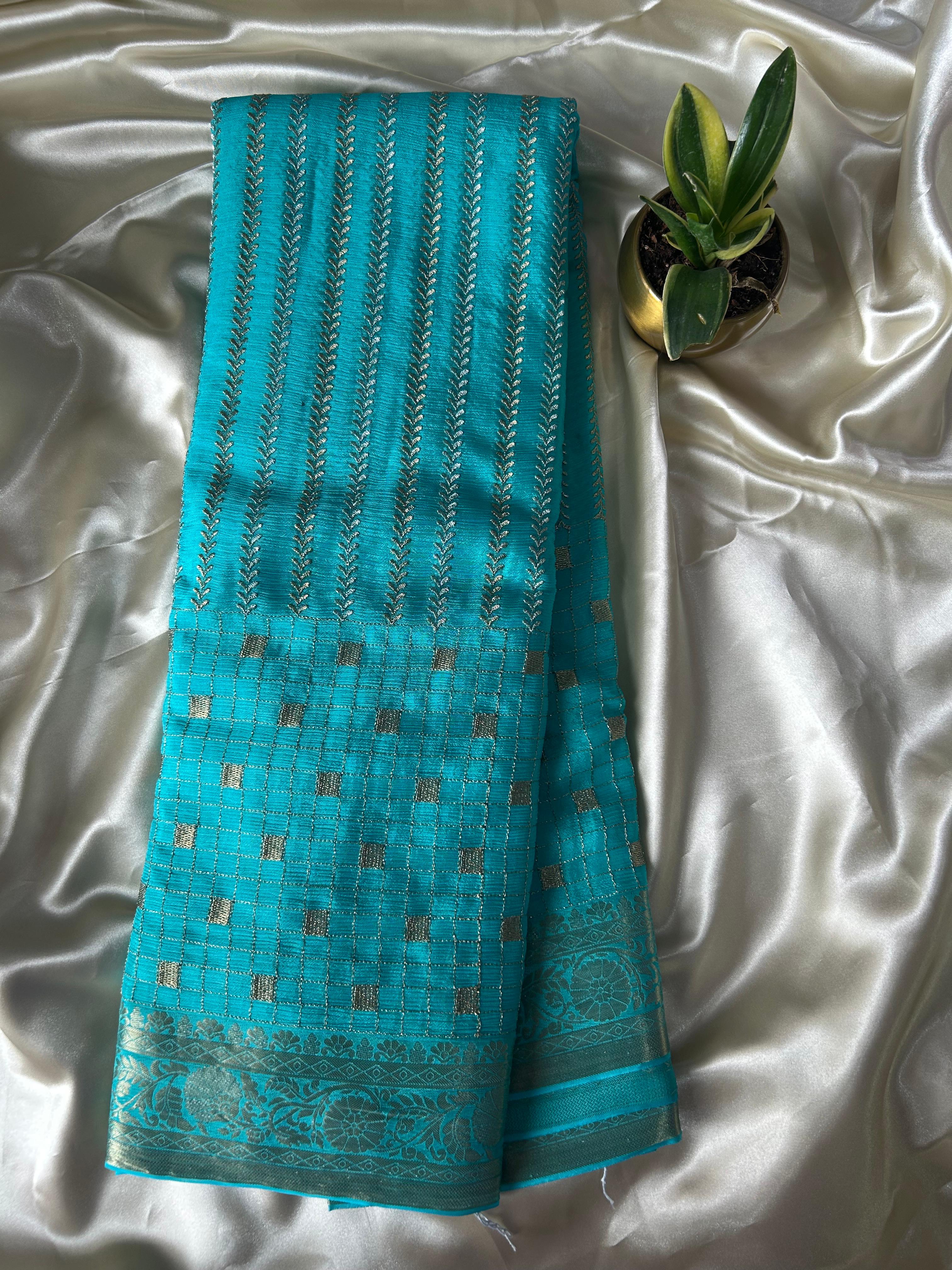 Sky blue small checks chinnon 07 saree