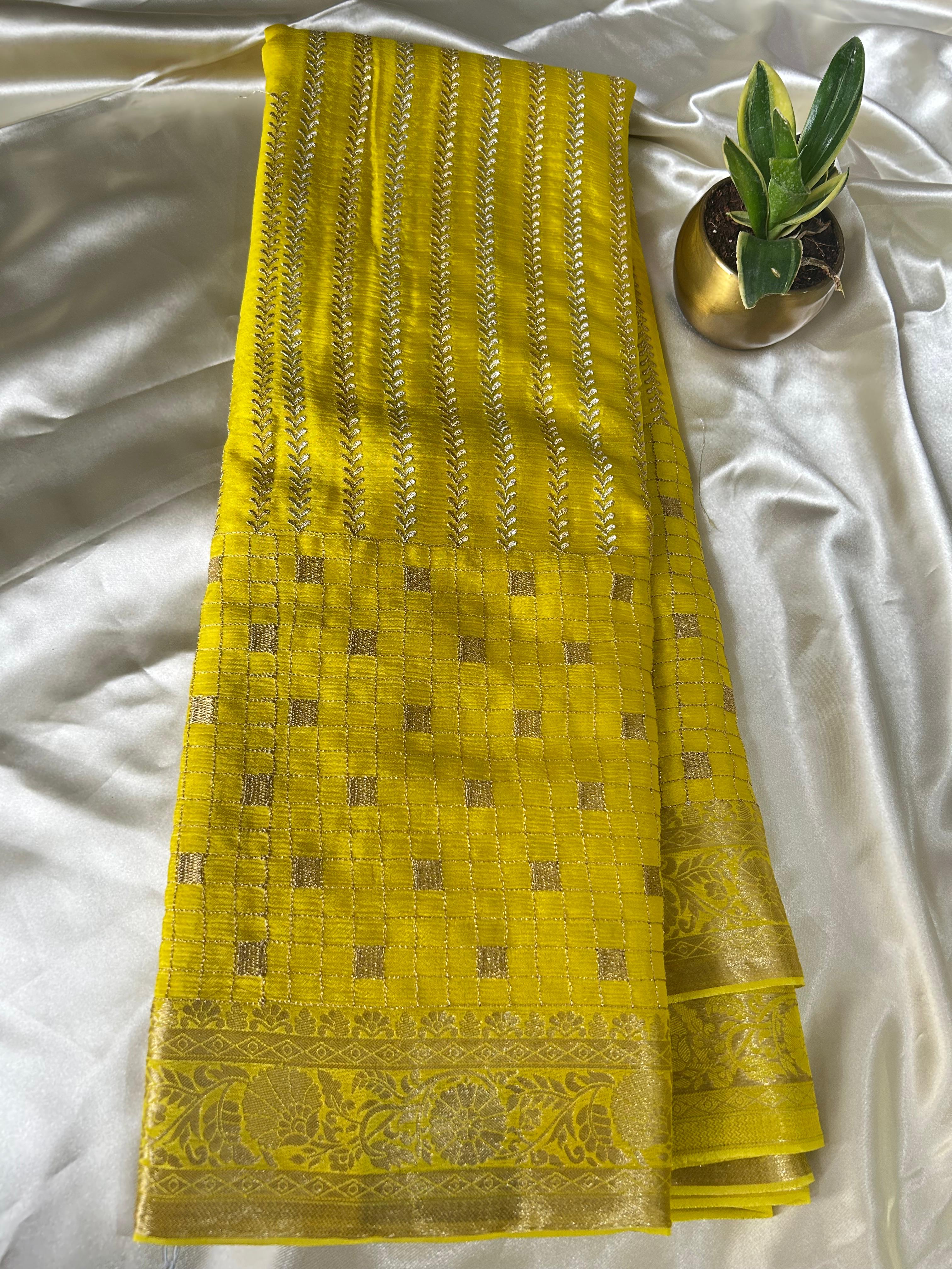 Yellow small checks chinnon 07 saree
