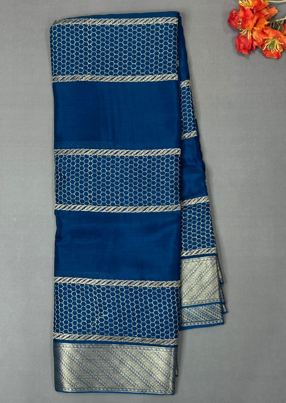Peacock blue stripes border chinnon 07 saree