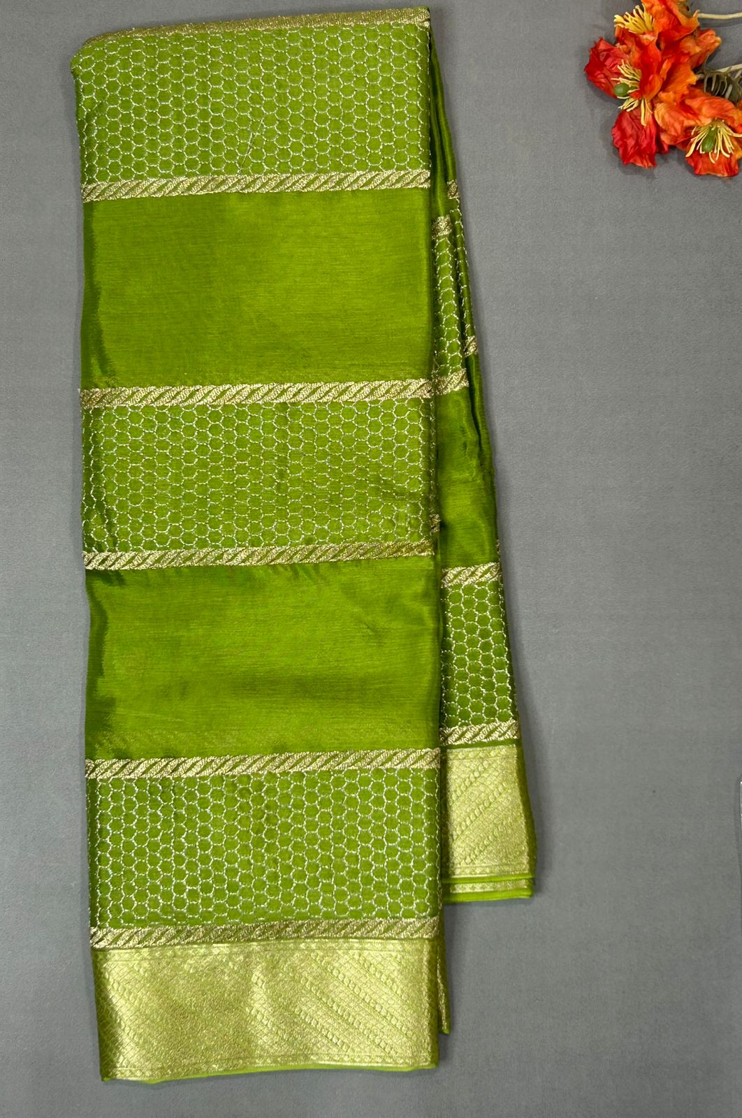 Leaf green stripes border chinnon 07 saree