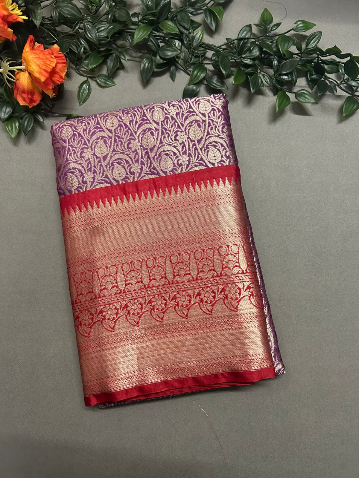 Purple brocade semi kanchi saree