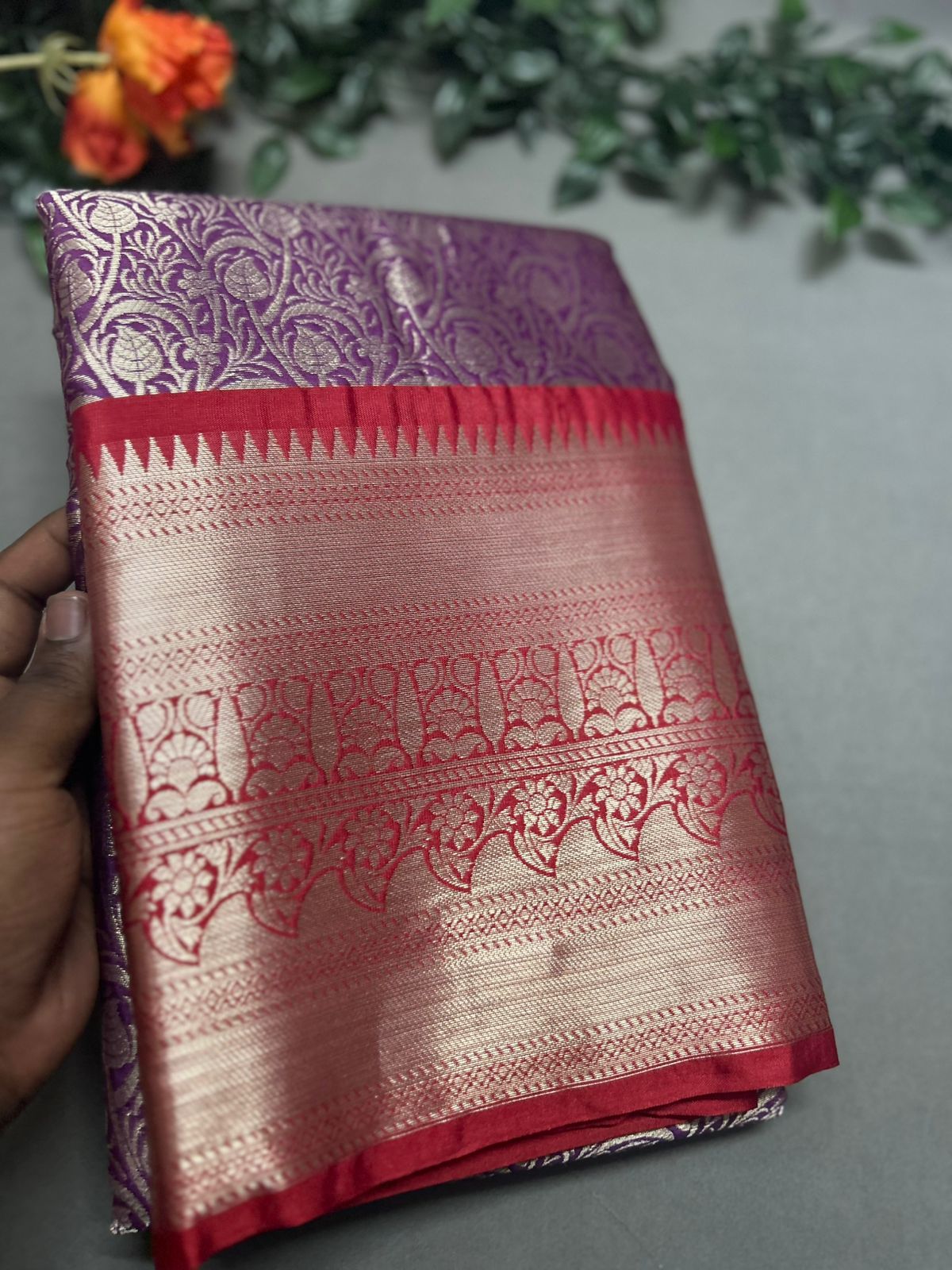 Purple brocade semi kanchi saree