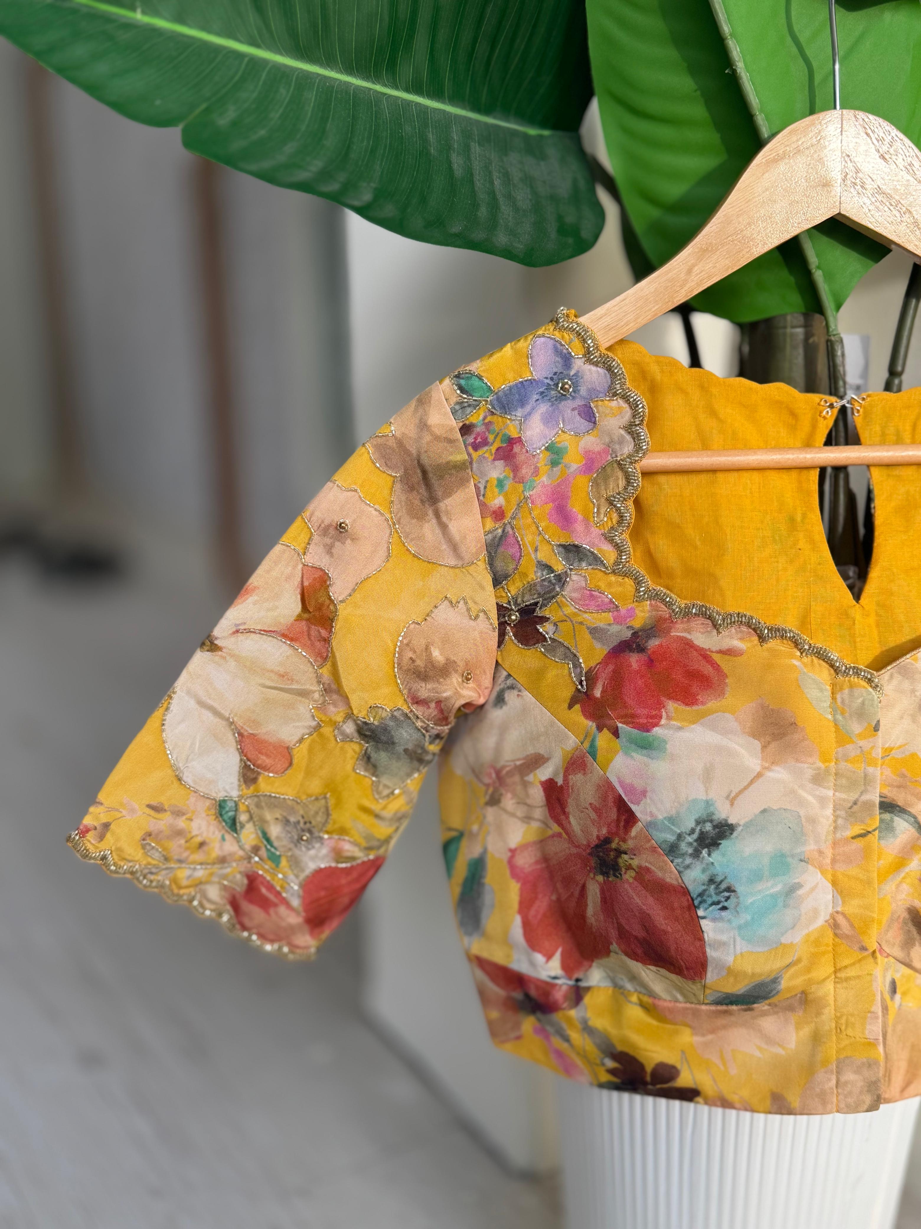 Yellow pure tissue hand work blouse