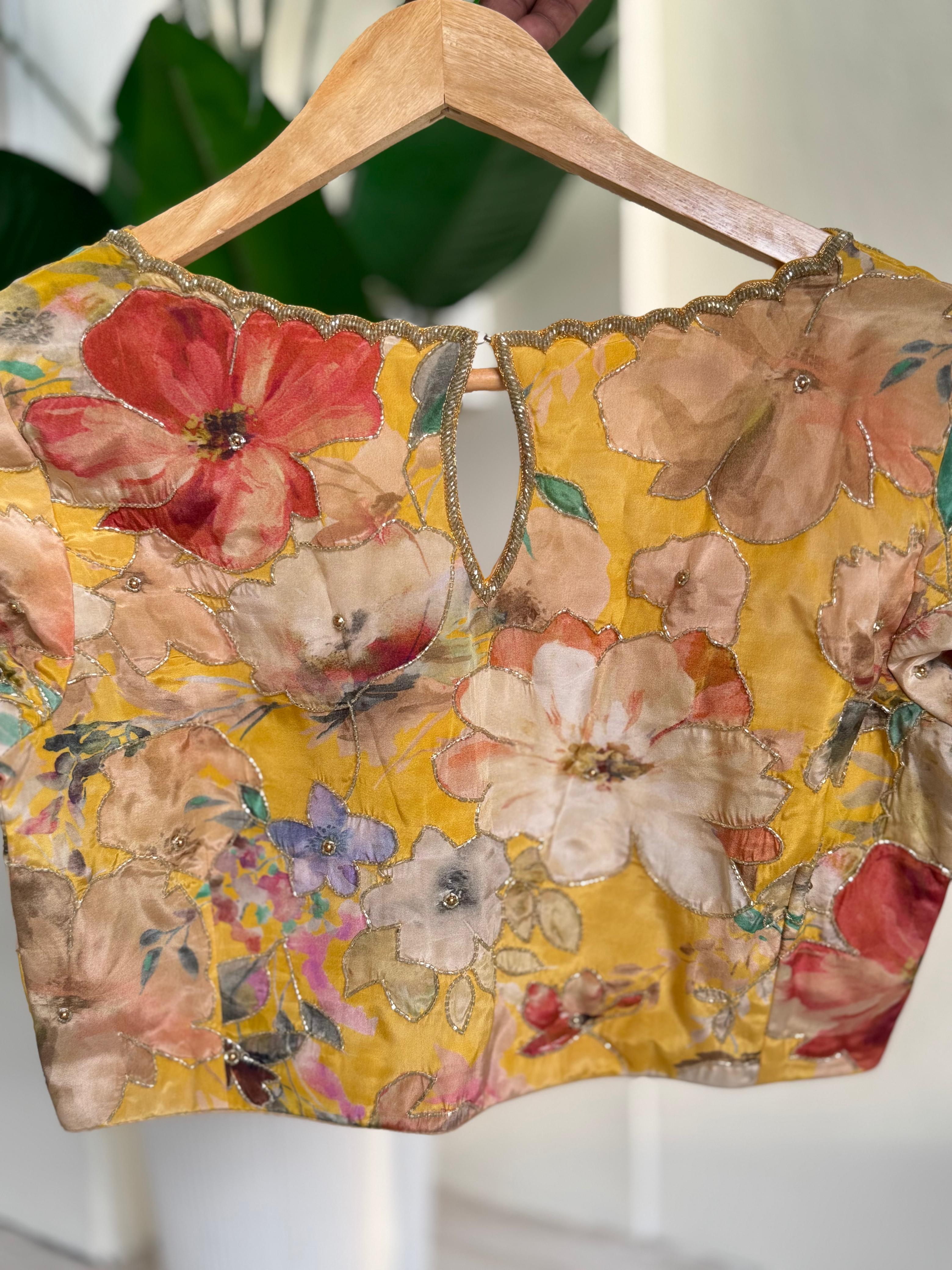 Yellow pure tissue hand work blouse