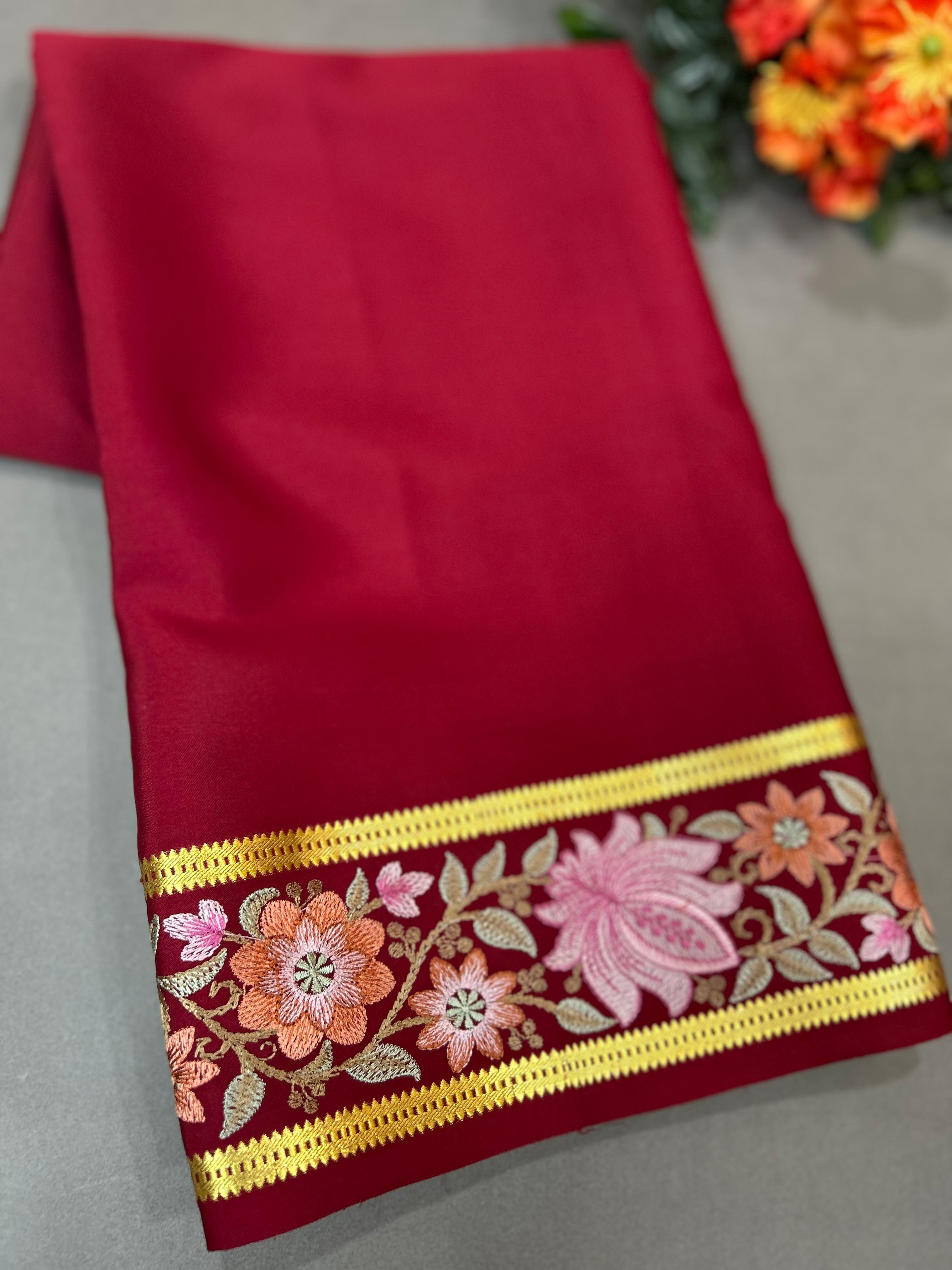 Maroon  embroidered pure mysore crepe-12 silk saree