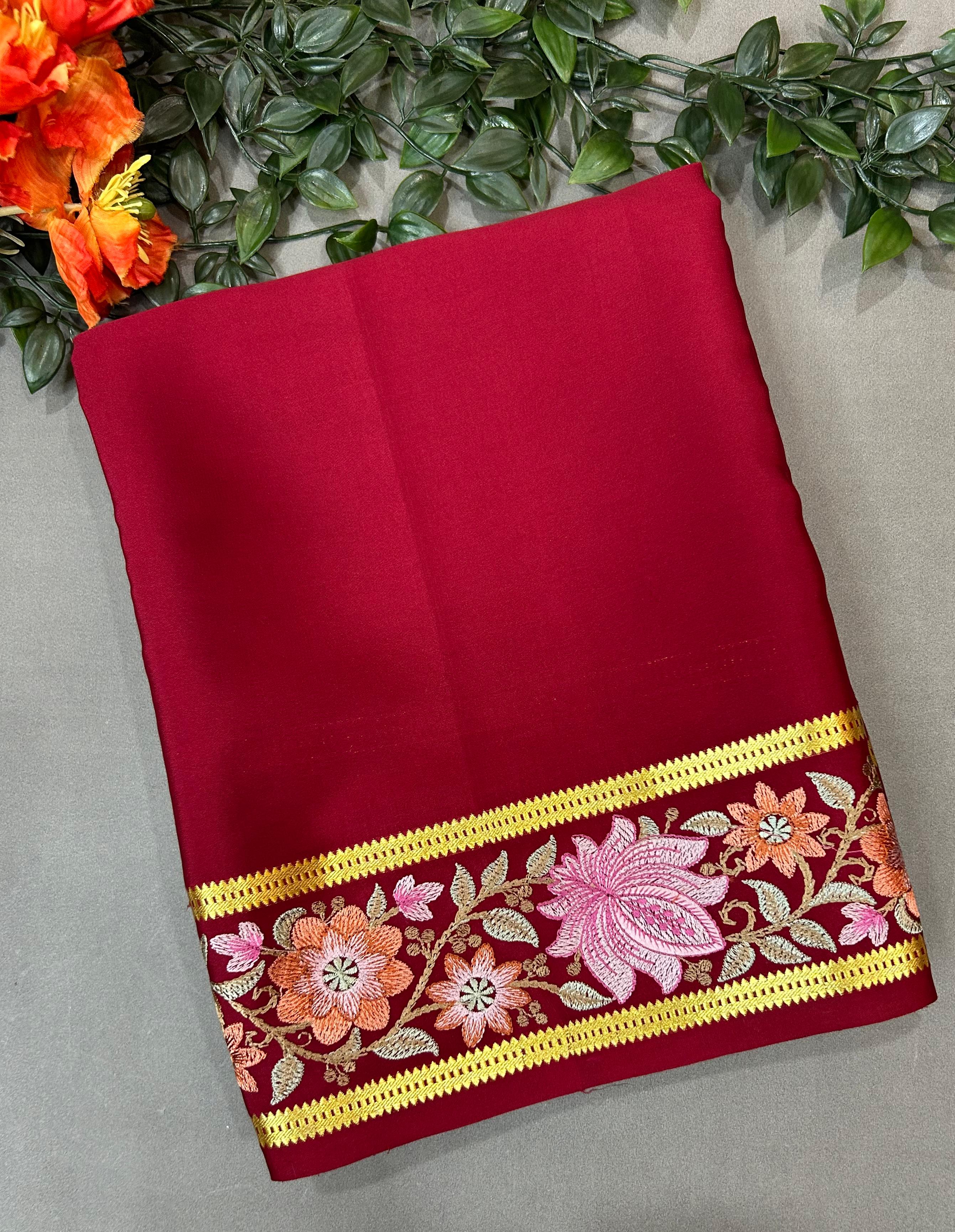 Maroon  embroidered pure mysore crepe-12 silk saree