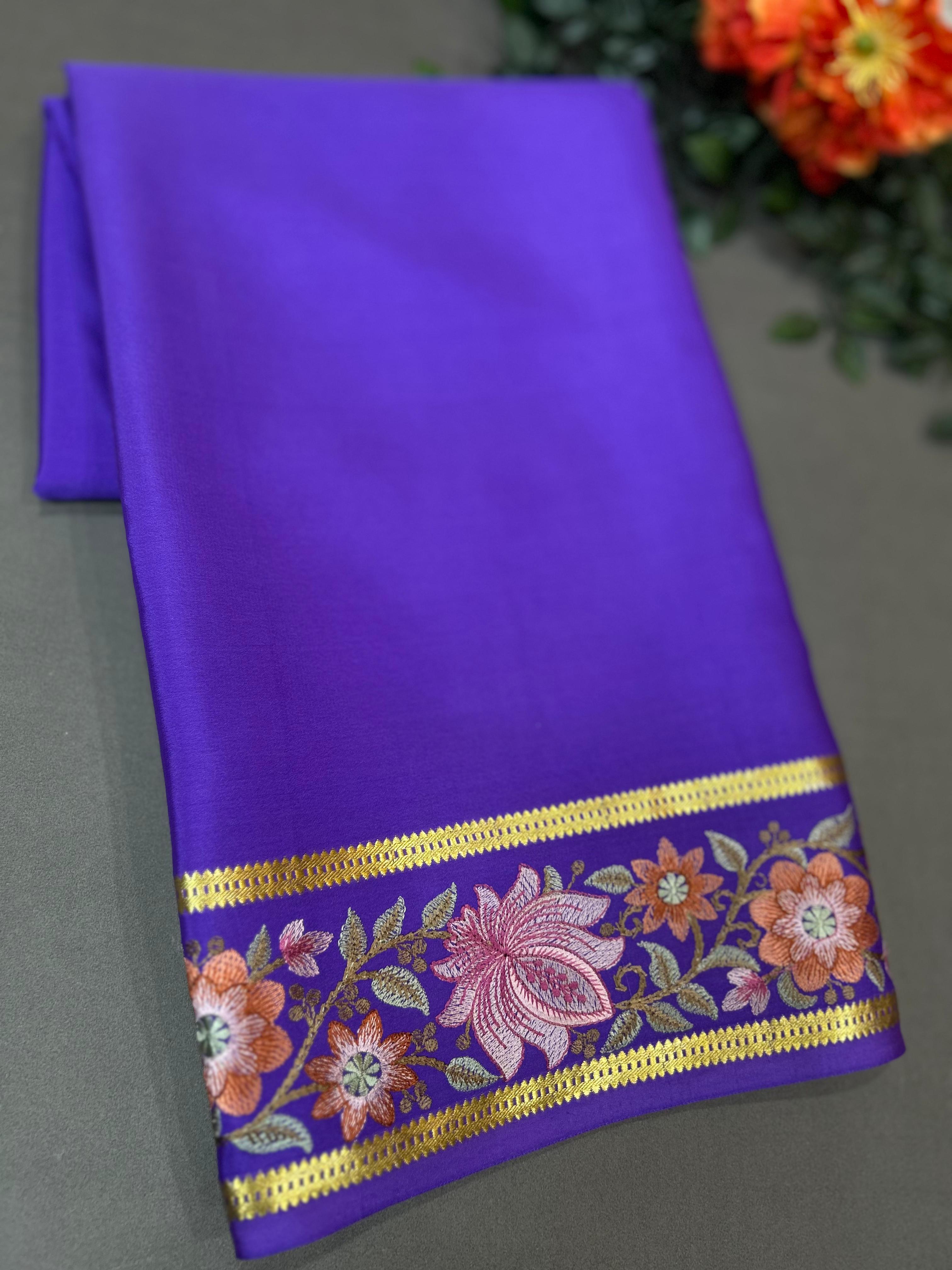 Violet embroidery work-08 pure mysore crepe silk saree