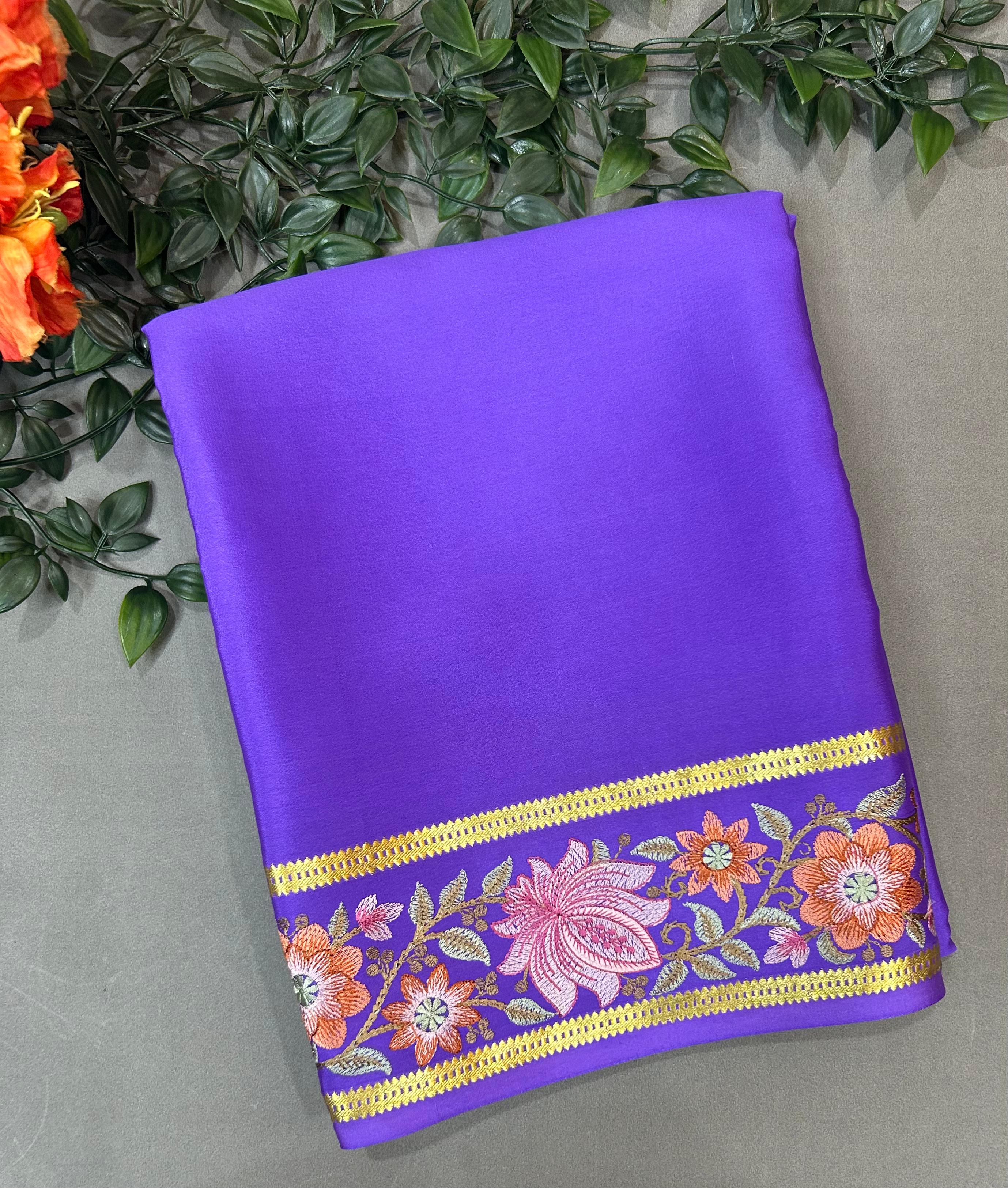 Violet embroidery work-08 pure mysore crepe silk saree