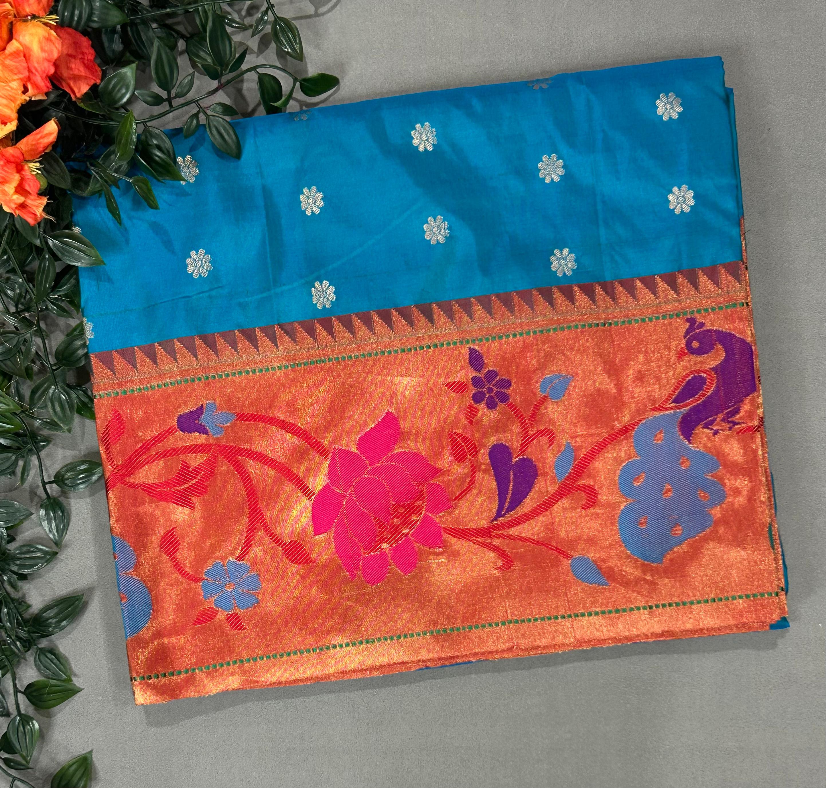 Peacock blue pure paitani-07 border tussar saree