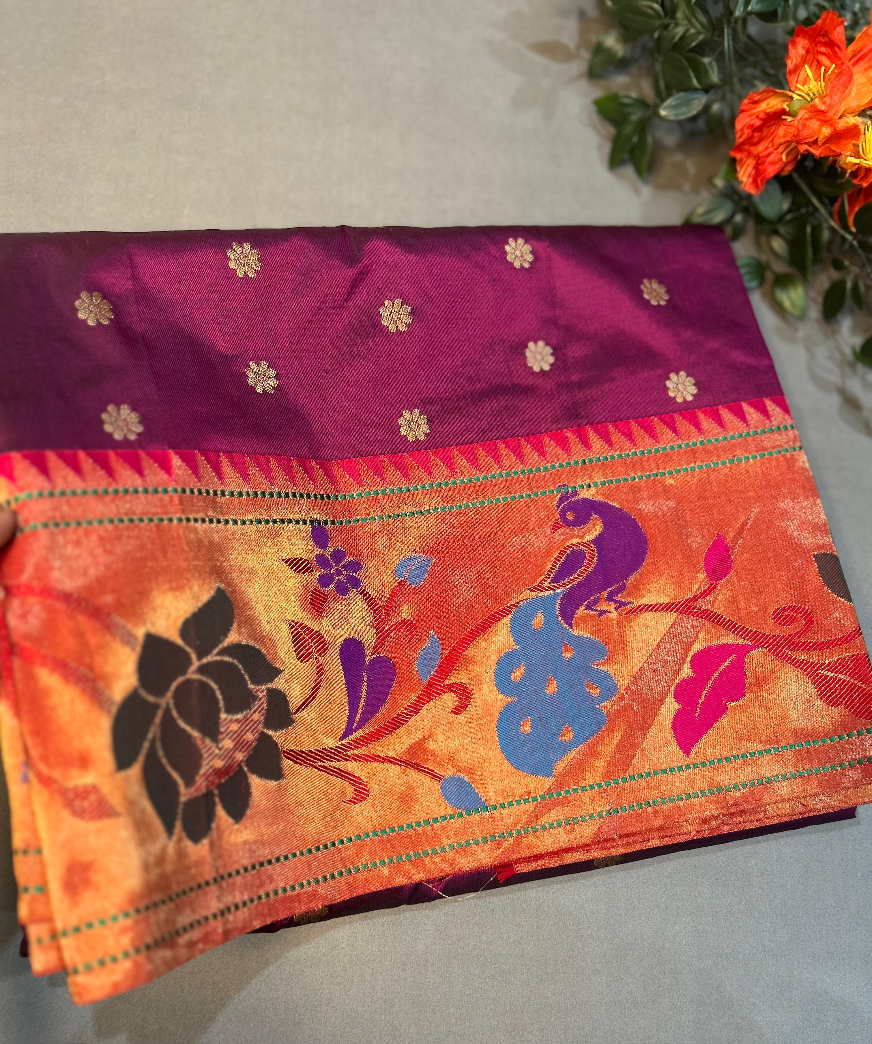 Wine double shade pure paitani-07 border tussar saree