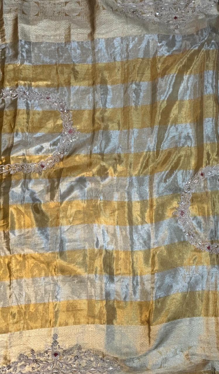 Golden and silver shade stripes  pure kanchipuram handwork-07 saree