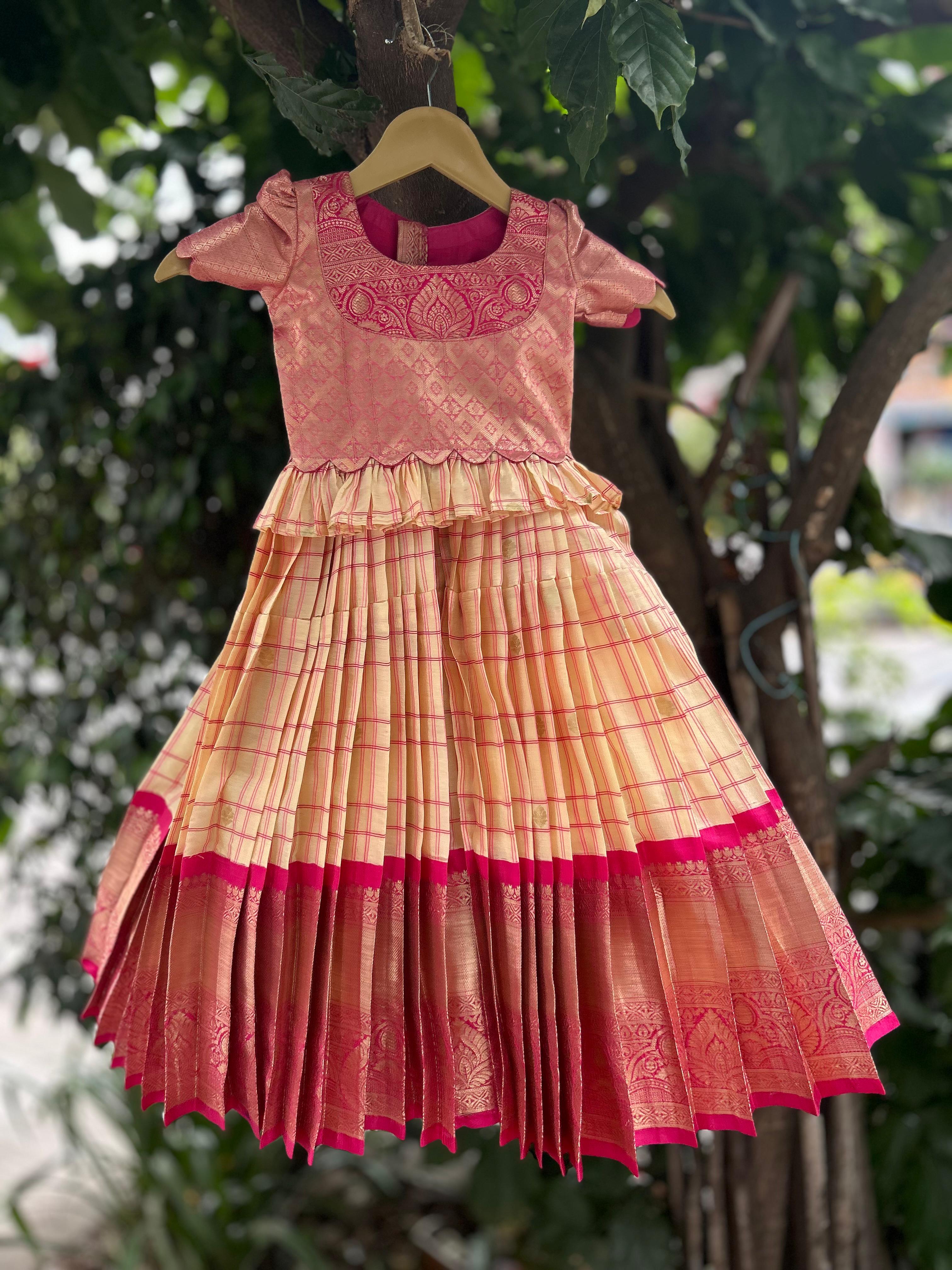 Cream n pink kids Semi kanchi lehenga