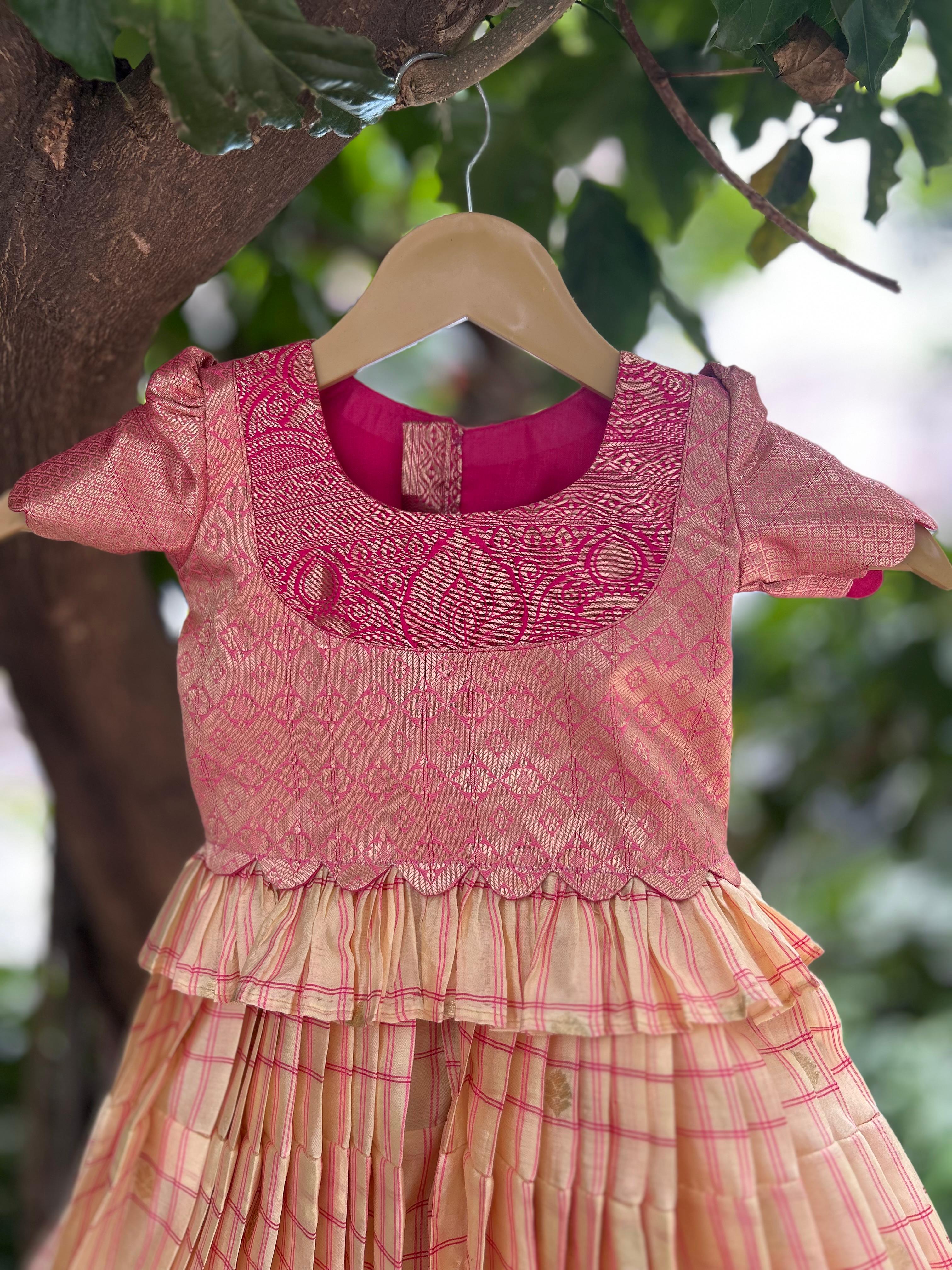 Cream n pink kids Semi kanchi lehenga