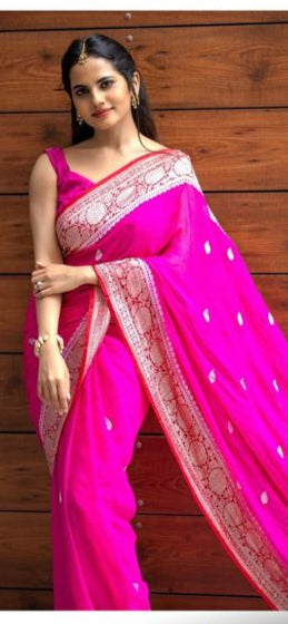 pink n red benaras pure khadi chiffon
